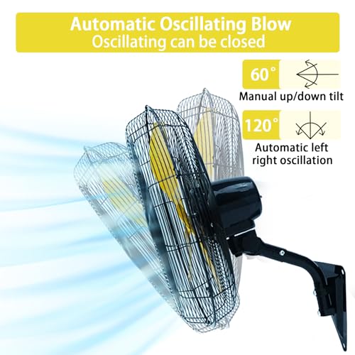 AZOUTDOOR Wall Mount Fan, 20" Oscillating Wall Fan with 7000CFM, 3-Speed, Upgrade Motor High Velocity Industrial Fans for Commercial, Garage, Residential and Patio Use, Yellow - color: Yellow 20"