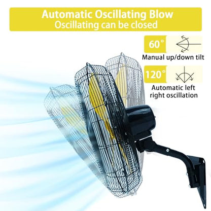 AZOUTDOOR Wall Mount Fan, 20" Oscillating Wall Fan with 7000CFM, 3-Speed, Upgrade Motor High Velocity Industrial Fans for Commercial, Garage, Residential and Patio Use, Yellow - color: Yellow 20"