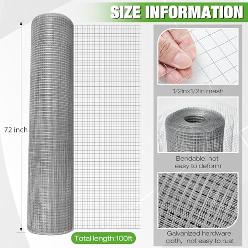Tatuo Hardware Cloth 1/2 Inch 72in x 100ft Hot Dip Galvanized After Welded Cage Mesh Rolls 21 Gauge Metal Chicken Wire Roll Wire Fencing Poultry Netting for Raised Garden Rodent Animals - color: Silver, size: 72in X 100ft