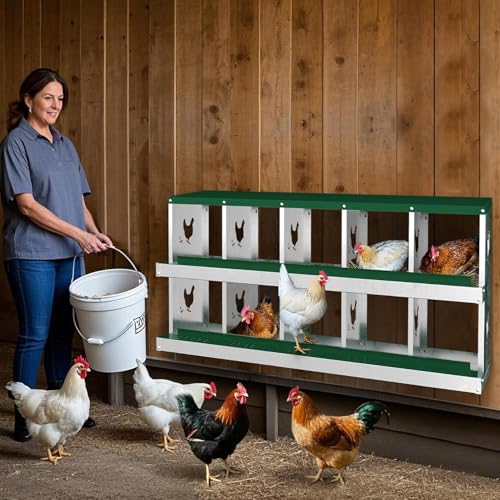 10-Room Galvanized Metal Chicken Nesting Boxes - Rustproof Poultry Laying Boxes with Perch Rod & 8 Fake Training Eggs, Durable Hen Nest Boxes for Chicken Coops, Easy to Clean, Hens Laying Eggs, Green