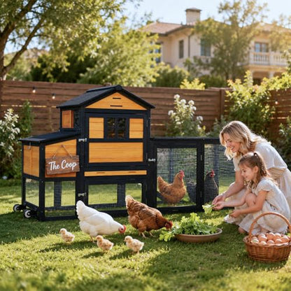 Chicken Coop with Wheels for 4-6 Chickens, Mobile Hen House with Run, Outdoor Chicken Coop, Ventilated Window, Easy-Clean Nesting Box, Weatherproof Asphalt Roof, 82.7” L x 25.6” W x 44.1” H, Brown - color: Brown