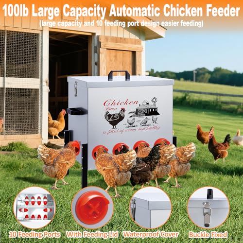 100LB Large Automatic Chicken Feeder–10 Feeding Ports No-Waste Galvanized Metal Chicken Feeder with Adjustable Legs & Locking Lid Poultry Feeder for Chickens,Geese,Ducks,Waterproof - color: 100 LB