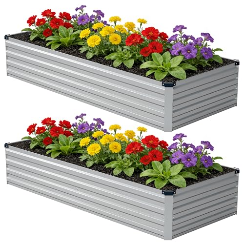 zunatu 8x2x1 ft(2 Pack) Galvanized Raised Garden Bed,Outdoor Planter Box Metal Patio Kit Planting Bed for Vegetables Flowers and Succulents,Silver - color: Silver, size: 8x2x1ft (2 Pack)