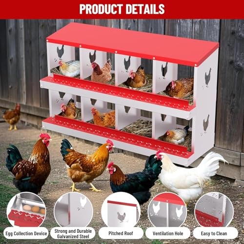 Chicken Nesting Box, 8 Compartment Metal Chicken Nesting Boxes for Chicken Coop, Large Vented Holes Chicken Laying Boxes with Rollout Egg Collection, Wall Mount Chickens Coops - color: Red, size: 8 Holes