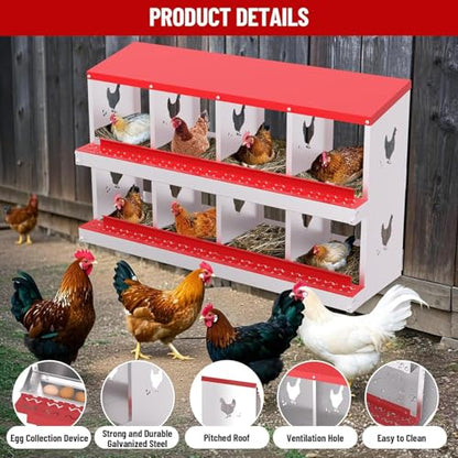 Chicken Nesting Box, 8 Compartment Metal Nesting Boxes for Chicken Coop, Easy Egg Collection, Easy Cleaning, Durable Red Chicken Laying Boxes for Hens