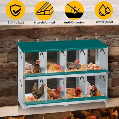 Chicken Nesting Box, 8 Compartment Metal Nesting Box, Wall Mountable Nesting Boxes for Chicken, 42.5" L x 13.0" W x 25.0" H, Green