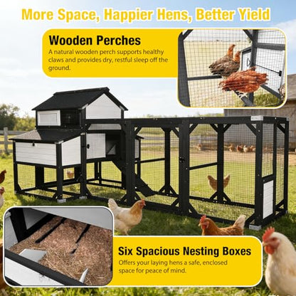 Aivituvin Chicken Coop Extra Large for 8-10 Chickens Wooden Hen House Outdoor with Wheels 41.17ft² Poultry Cage with Run, 6 Nesting Boxes (Black ＆ White) - size: Black-118.11"L x 53.54"W x 49.53"H
