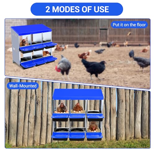 Chicken Nesting Box 6-Hole Roll Away Egg Laying Box with Lid, Galvanized Steel Rustproof Poultry Coop Box, Wall Mountable No Bracket Needed for Hens, Blue - color: Blue, size: 6 holes