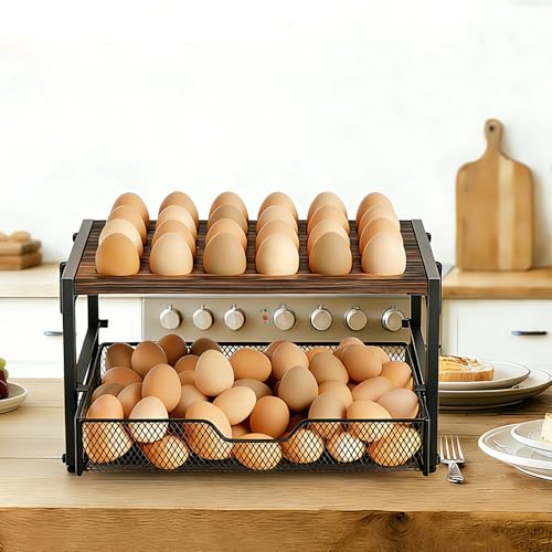 2-Tier Wooden Egg Holder Countertop with Basket – Holds 24+60 Chicken, Duck & Quail Eggs, Easter Eggs – Compact Countertop Holder with Carry Handle for Easy Transport - size: 2 Tiers