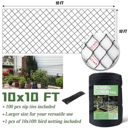 Bird Netting，10 x 10 FT Garden Netting Bird Net for Chicken Coop, Poultry Netting Fence for Fruit Trees, Plants and Vegetables Against Birds, Deer, Squirrels and Other Animals - size: 10 x 10 FT