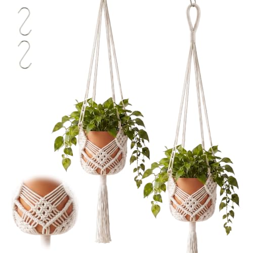 Shappy 2 Pack Boho Macrame Plant Hanger, Large Hanging Planter Plant Holder Pot Hanger Hanging Basket Wall Planters, Plants Lover Gift for Indoor Garden (Classic,Cream) - color: White, size: Style B