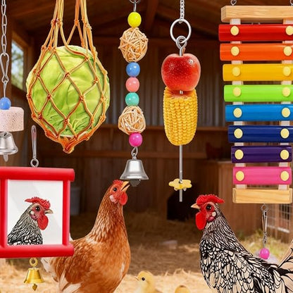 Chicken Toys for Coop Accessories，Chicken Chewing Toy Hanging Feeder Chicken Xylophone Mirror Vegetable Fruits Skewer for Hens Chick Bird Parrot（B）