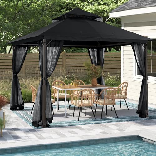 MASTERCANOPY Outdoor Patio Gazebo with Double Roofs, Stable Steel Frame and Mosquito Netting (11x11,Black) - color: Black, size: 11x11