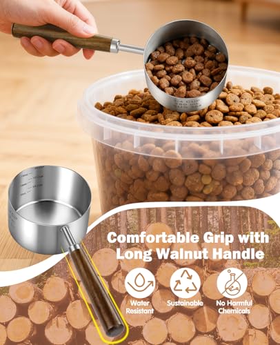 Stainless Steel Dog Food Scoop, Dog Food Measuring Cup With Measuring Lines (Cup/ML) & Long Wooden Handle, Metal Pet Food Scoop For Dogs, Cats and Kitchen Use, Dishwasher Safe (3/4 CUP) - size: 3/4 CUP