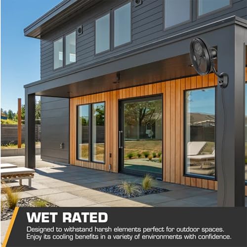 MULE Outdoor KWIK Install Wall Mount Oscillating Wet Rated Fan, Strong Airflow, 3 Speeds, 300 Degree Oscillation, 8 Foot Corded Electric, Matte Black