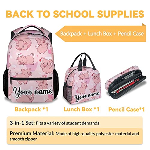Personalized Pig Backpack with Lunch Box and Pencil Case, 16 Inch Cute Pig Bookbag Durable, Lightweight, Large Capacity, Funny Animal Backpack for School Girls Kids Women - color: Style-3-3