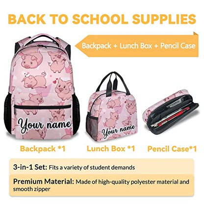 Personalized Pig Backpack with Lunch Box and Pencil Case, 16 Inch Cute Pig Bookbag Durable, Lightweight, Large Capacity, Funny Animal Backpack for School Girls Kids Women - color: Style-3-3