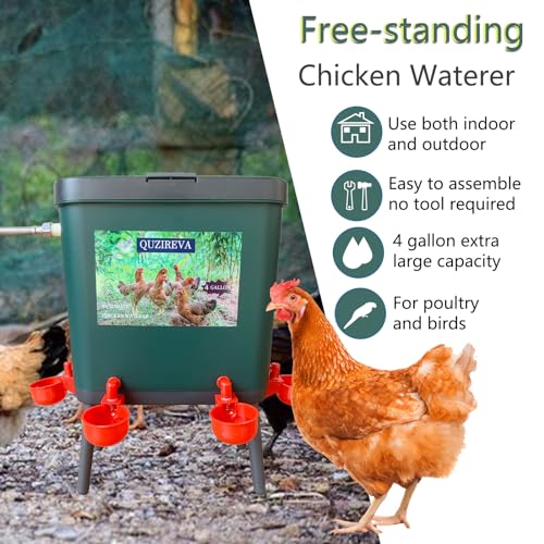 Automatic Chicken Waterer Self-Filling Float Controlled Poultry Water Feeder 4 Gallon Free-Standing Chicken Water Fountain Dispenser Auto Chicken Watering System Pigeon Bird with Hose and Water Cups