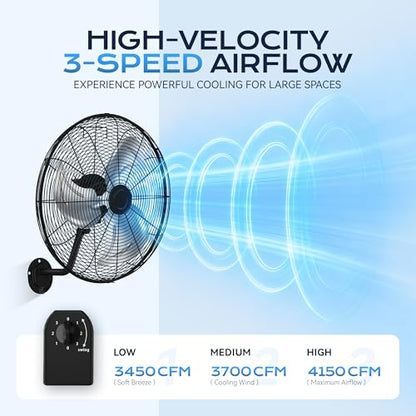 Tehanld Industrial Wall Fan 20 Inch - 3400 CFM High Velocity Airflow, Heavy Duty Metal Wall Mounted Fan with 80° Oscillation & Adjustable Tilt, 3-Speed Commercial Fan for Workshop & Patio - size: 20 INCH