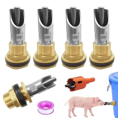 5 Sets Automatic Stainless Steel Pig Nipple Drinkers Kit with Brass Water Tank Connectors and Hole Openers for Pigs Swine Piglets