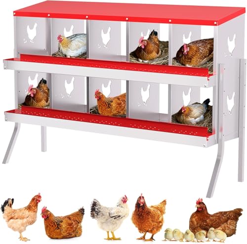 Chicken Nesting Box, 10 Compartment Metal Chicken Nesting Boxes with Bracket Legs for Chicken Coop, Large Vented Holes Chicken Laying Boxes with Rollout Egg Collection - color: Red, size: 10 Holes with Legsompartments with legs