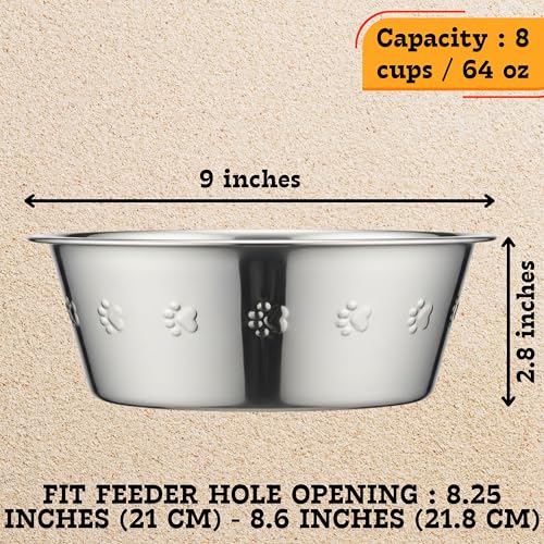 2-Pack Stainless Steel Dog Bowls, 9" Wide, 3" Height ~ Pet Food, Water Dish fits Raised Pet Feeder with Hole Width 8.3" to 8.7" - color: Double Pack, size: 8 cup (Embossed)