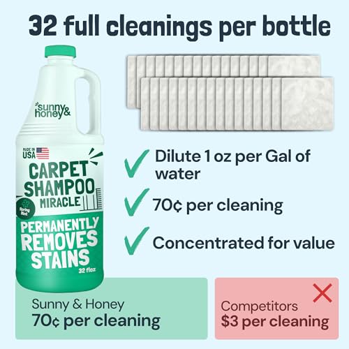 Sunny & Honey Carpet Cleaner Shampoo Solution for Machines, 32floz Mint | USA Made - Stain and Odor Eliminator - Cleans Carpets and Upholstery - For Upright and Spot Cleaners - Concentrated Formula - size: 32 Fl Oz (Pack of 1)