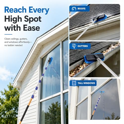 28 FT Exterior House Cleaning Brush Set with 6-21 Foot Telescoping Extension Pole, Soft Scrub Car Wash Brush, Medium Bristle Cleaning Brush and Window Squeegee & Washer - size: 21FT POLE