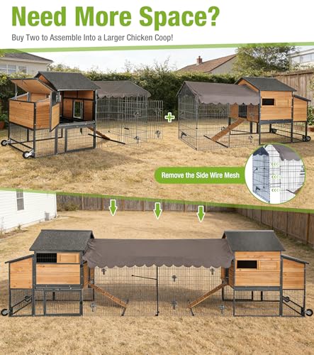 GUTINNEEN Large Metal Chicken Coop with Run, Large Wooden Chicken House with Iron Frame, Weatherproof Roof, Hen House with Pull-Out Tray, Non-Slip Ramp, Ventilation Windows, 85" L - size: 85.6"L x 40.6"W x 48.2"H