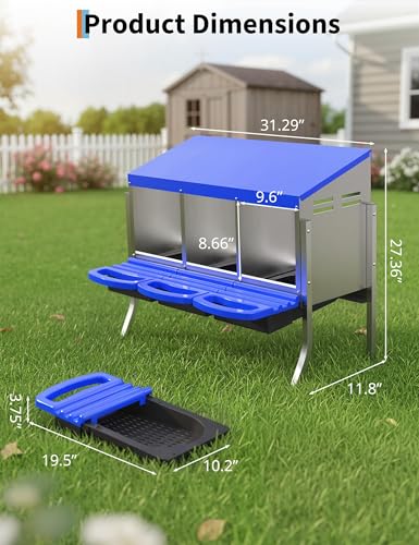Garvee Nesting Boxes for Chickens - 3 Compartment Metal Stainless Steel Chicken Nesting Boxes with Pull-Out Trays,Hen Roosting & Laying Eggs,Roll Away Design,Easy to Install and Easy to Clean - color: Blue, size: 3 Holes with legs