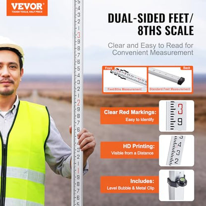 VEVOR Aluminum Grade Rod, 16-Feet/8ths 4 Sections Telescopic Measuring Rod,Double-Sided Scale 1/8in Leveling Rod Stick,Aluminum Alloy Survey Rod with Bubble Level &Carrying Bag for Houses,Walls,Floors - size: 16 FT-8ths