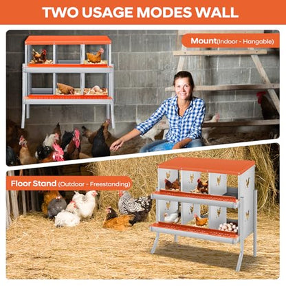 GarveeLife Chicken Nesting Box, 6 Compartments Nesting Box for Chickens, Two-Tier Galvanized Steel Chicken Egg Laying Box with Large Vented Holes Wall Mounting for Easy Egg Collection - color: Orange | 6 Compartments