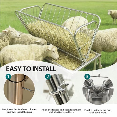 2-in-1 Livestock Shelter Goat Hay Feeder 47" L x 22.5" W x 38" H Galvanized Steel Horse Goat Feeder with 6" Deep Extra Wide Feed Pan Heavy Duty Hays Feeders for Goats Horses Hay Rack for Farm Shed