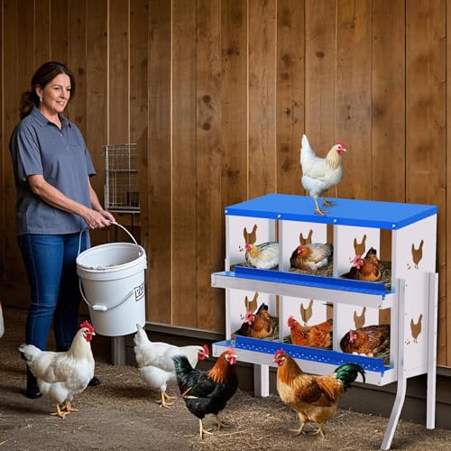 6 Compartment Chicken Nesting Box, Galvanized Steel Metal Laying Box with Removable Tray Roll-Out Egg Collection, Wall Mount Hen Roosting Box, Easy Egg Collection - color: Blue, size: 6 holes with legs