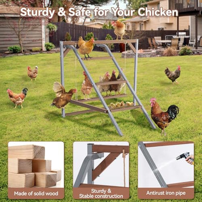 PETSFIT Chicken Perch for Coop-Solid Wood and Rustproof Iron Roosting Bar with Swing - Ideal for Backyard Poultry, Chicken Coops, and Farms-Easy to Assemble and Clean - size: 43"Lx36"Wx32"H