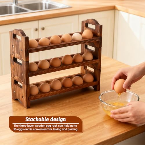 3-Tier Wooden Egg Holder Countertop, 36 Grid Stackable Farmhouse Egg Storage Rack, Rustic Kitchen Counter Decor Organizer For Fresh Chicken Duck Eggs, Housewarming Kitchen Gift