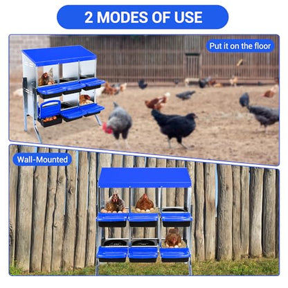 Chicken Nesting Box 6-Hole Roll Away Egg Laying Box with Lid & Stand, Galvanized Steel Rustproof Poultry Coop Box, Wall Mountable No Bracket Needed for Hens, Blue - color: Blue, size: 6 holes with legs