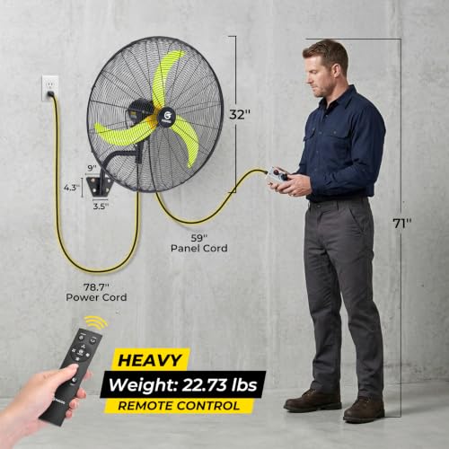 FUGOO 30'' Oscillating Wall Mounted Fan With Remote Control,BLDC Motor, Large air flow range From 3200CFM to 8800CFM, 4-Speed Heavy Duty Industrial Wall Fan for Factory, Commercial, Garage, Warehouse - size: 30-inch +R