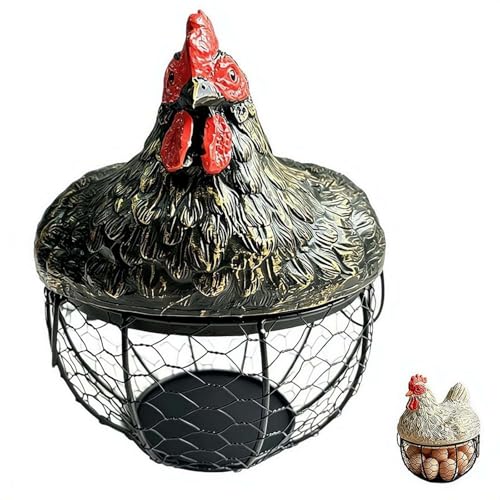 Chicken Egg Basket, Egg Collection Basket with Chicken Lid, Rustic Wire EggBasket with Handle, Iron Resin, Vintage Farmhouse Decor, Chickens Eggs Holder Countertop for Gathering Eggs (Black) - color: Black