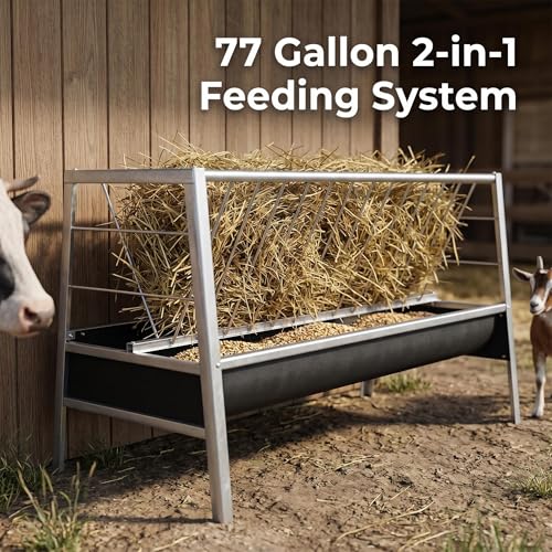 77 Gallon Outdoor Livestock Hay Feeder, Stainless Steel Anti-Waste Feeder with Rubber Trough, Durable Farm Feeding Supplies for Goats, Sheep, Calves & Horses
