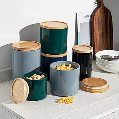 Sweejar Kitchen Canisters Ceramic Food Storage Jar, Stackable Containers with Airtight Seal Wooden Lid for Serving Coffee Bean, Flour, Tea, Spice and More - 39 Fl Oz (Navy) - color: Navy, style: 39 Fl Oz (5.2"x5.5")