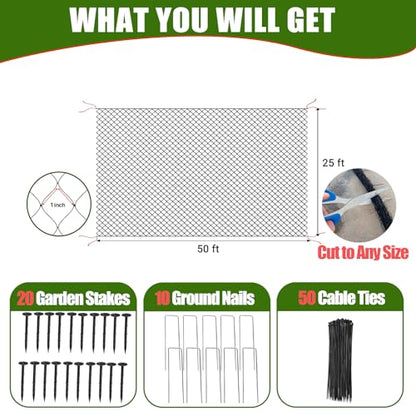 Anti-Bird Netting for Garden Chicken Coops - 1" Mesh Garden Netting Over Garden Hoops, Poultry Roof Netting, 25x50 ft Black Netting for Blueberry Bushes, Fruit Trees, Plants Against Squirrels - size: 1", 25' x 50'