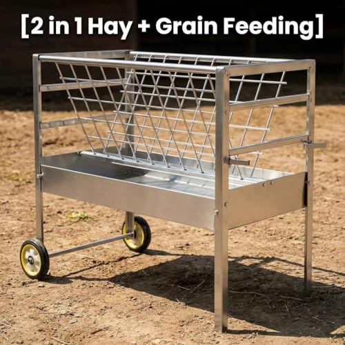 Heavy Duty Wheeled Hay Feeder, 45" Long Stainless Steel 2 in 1 Hay Grain Water Feeder, Mobile Livestock Hay Rack for Goats Sheep Horses Cattle Cows Outdoor Farm Ranch Use