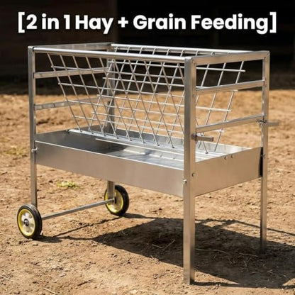 Heavy Duty Wheeled Hay Feeder, 45" Long Stainless Steel 2 in 1 Hay Grain Water Feeder, Mobile Livestock Hay Rack for Goats Sheep Horses Cattle Cows Outdoor Farm Ranch Use