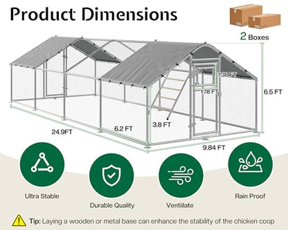 26×10 FT Extra Large Walk-in Chicken Coop, Spire Roof Chicken Run with Cover, Front & Rear Doors, Feeding Door, Roosting Ladder, Galvanized Steel Frame - size: 298.4"L x 118.1"W x 77.6"H