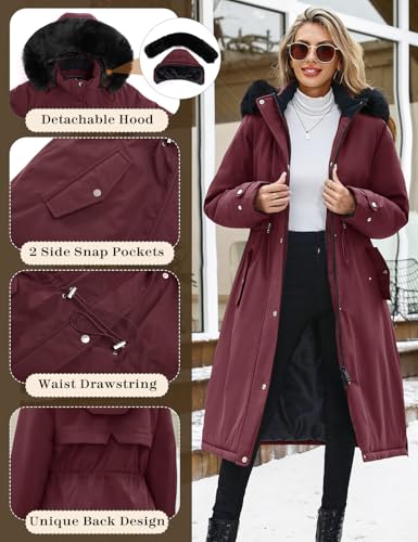 Womens Long Puffer Winter Coats Fleece Jacket Down Parka Warm Overcoat Thicken Quilted Jacket Removable Fur Coat - color: Wine Red, size: Medium