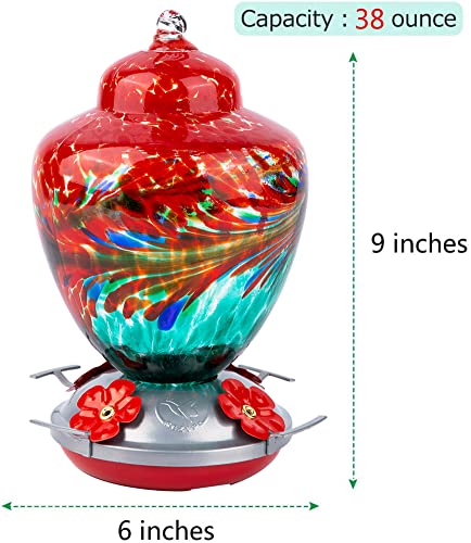 REZIPO Hummingbird Feeder with Perch - Hand Blown Glass - 38 Fluid Ounces Hummingbird Nectar Capacity Include Hanging Wires and Moat Hook (Red-Green) - color: Red-green
