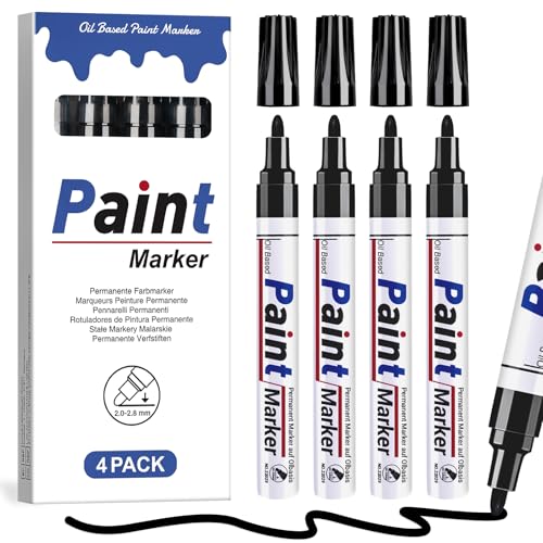 DAPAWIN Black Paint Pen Permanent Marker Waterproof -4 Black paint markers,paint marker for Metal,Rocks,Wood,Plastic,Tire,Glass,Fabric,label,Medium Tip,Oil Based Markers Pens Permanent - color: Black
