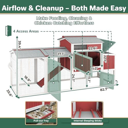 Chicken Coop with Run, Mobile Chicken Tractor Hen House Weatherproof with Wheels, Nesting Box, Roosting Bars, Pull-Out Tray, Asphalt Waterproof Roof & Fun Swing for Chickens Quails Small Animals - color: Red