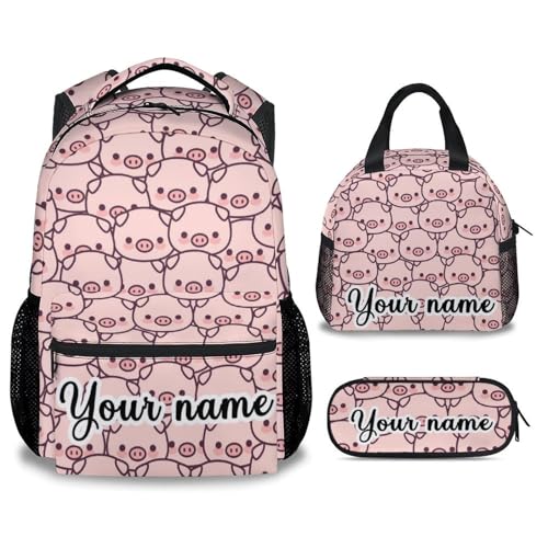 Personalized Pig Backpack with Lunch Box and Pencil Case, 16 Inch Cute Pig Bookbag Durable, Lightweight, Large Capacity, Funny Animal Backpack for School Girls Kids Women - color: Style-1-3